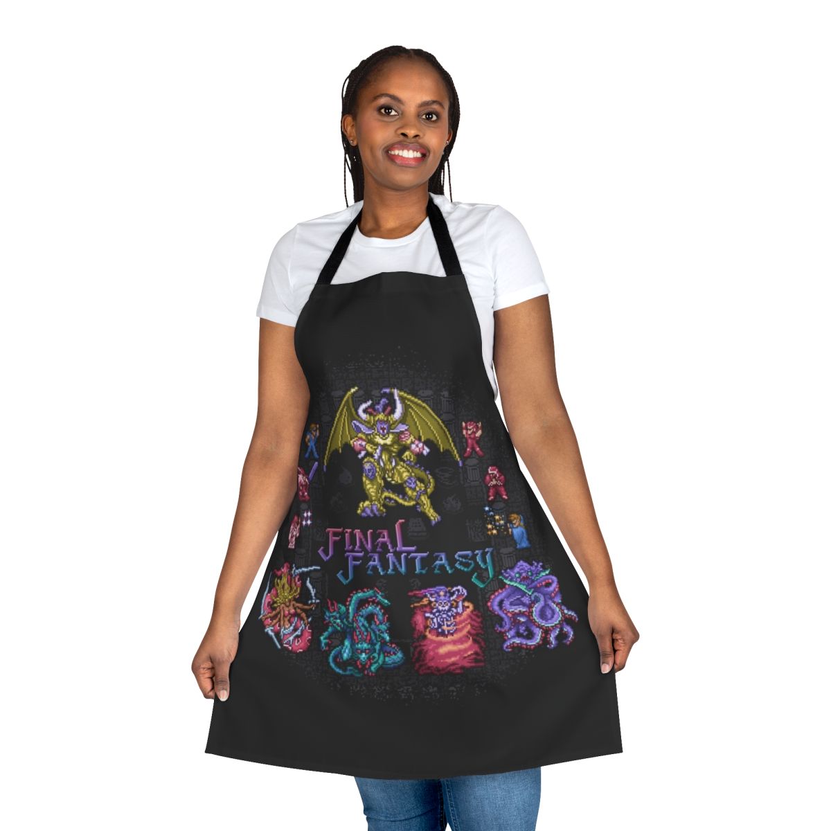 Retro-inspired pixel art apron featuring fantasy elements