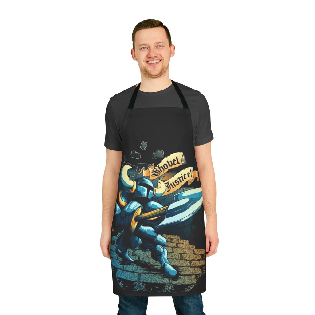 Playful and unique steel apron featuring a shovel design for retro gamers
