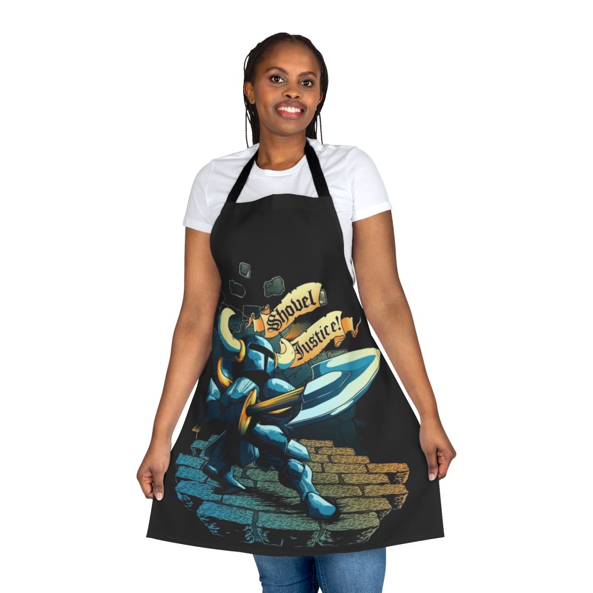 Playful and unique steel apron featuring a shovel design for retro gamers