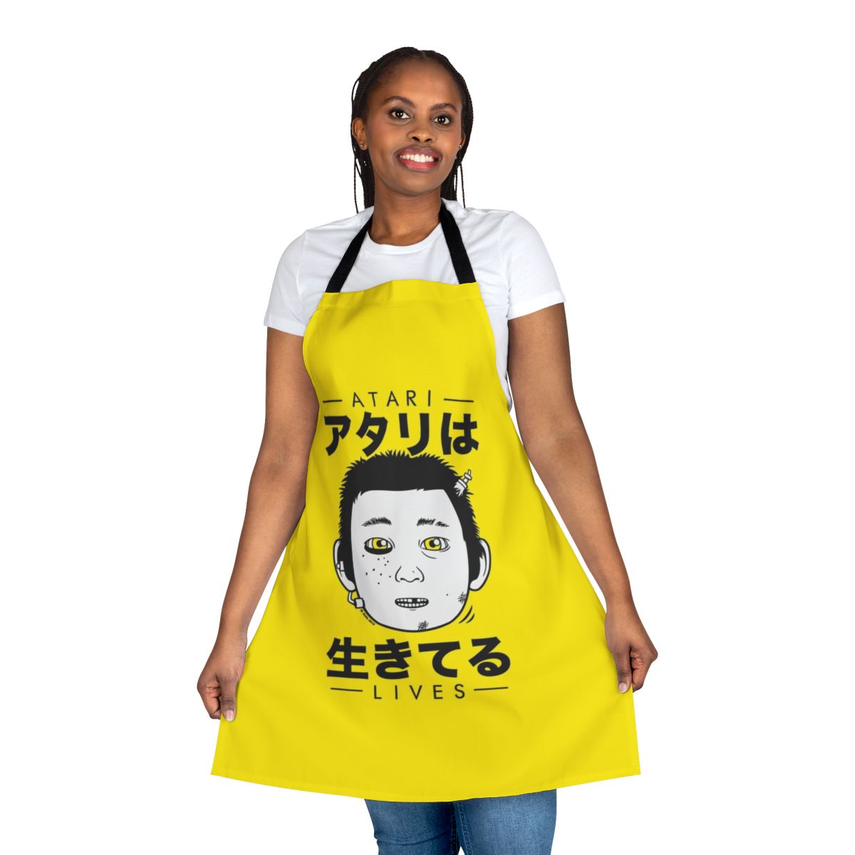 Retro gaming apron featuring an Atari-inspired design and Japanese cultural elements