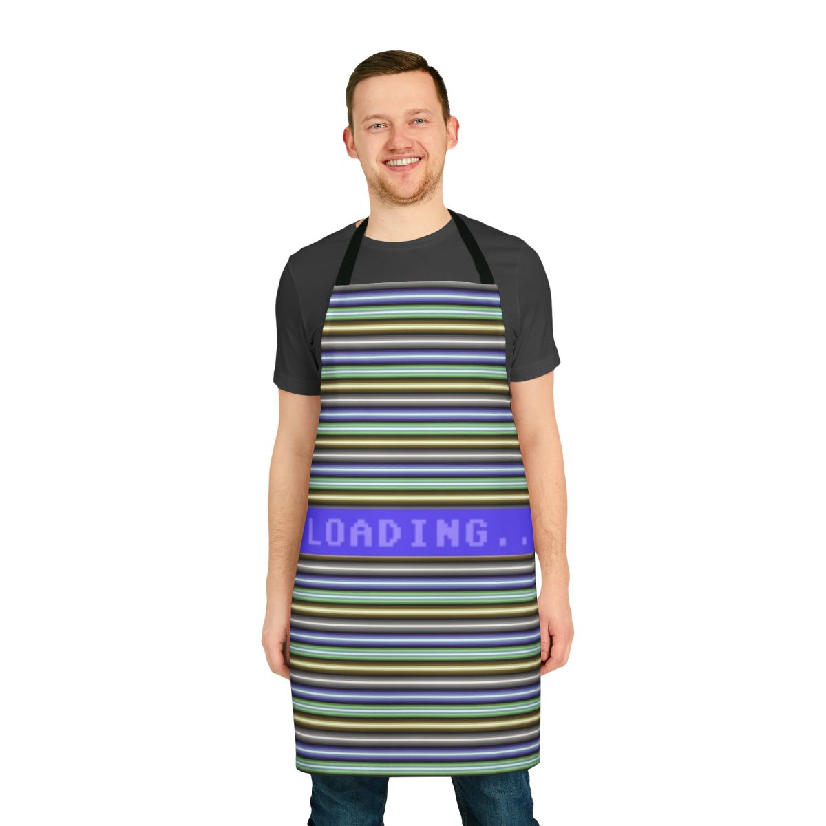 Retro gaming apron featuring a Commodore 64 inspired raster bars design