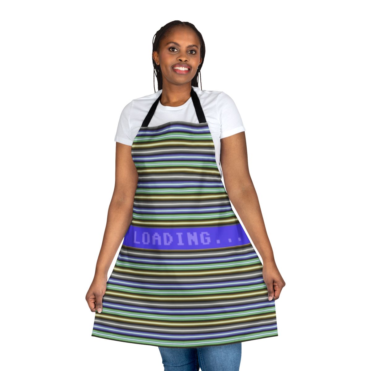 Retro gaming apron featuring a Commodore 64 inspired raster bars design