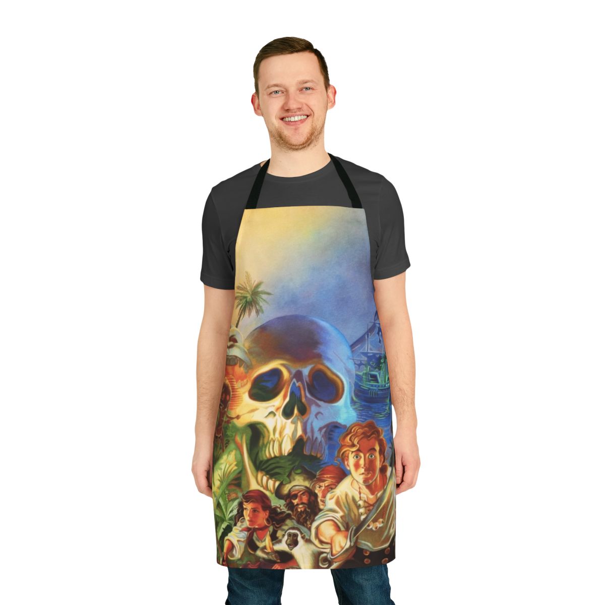 A high-contrast apron featuring pixel art from the classic video game The Secret of Monkey Island