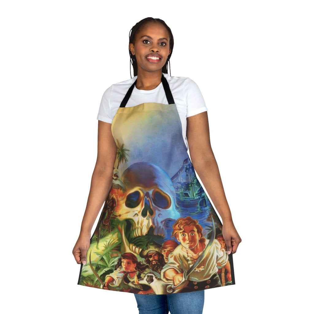 A high-contrast apron featuring pixel art from the classic video game The Secret of Monkey Island