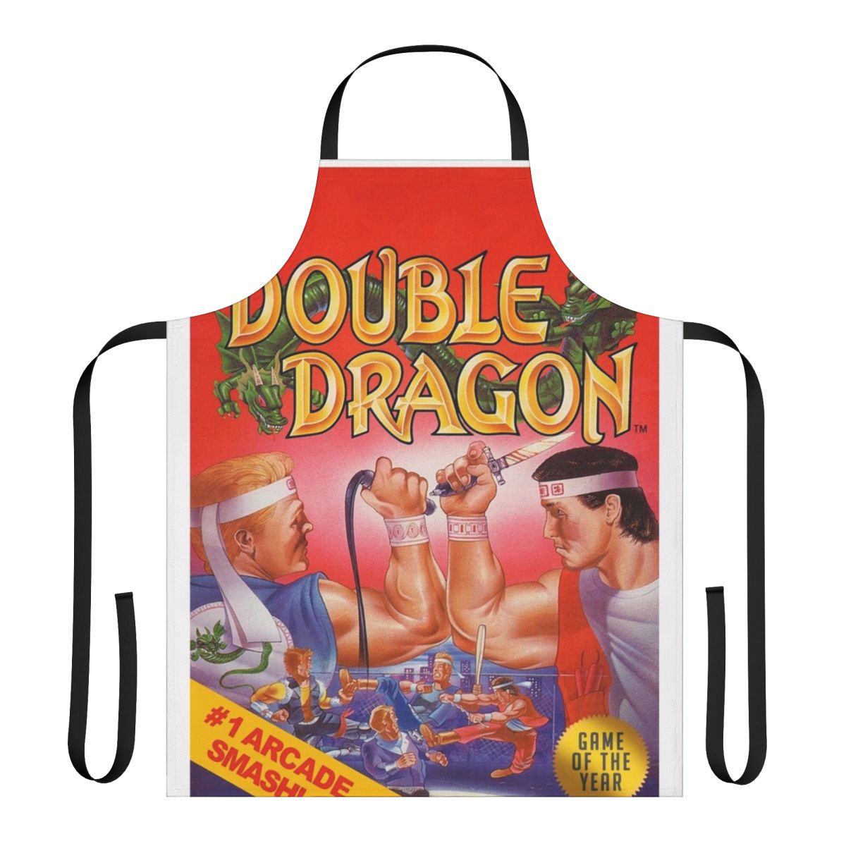 Retro gaming-themed apron with a classic double dragon design