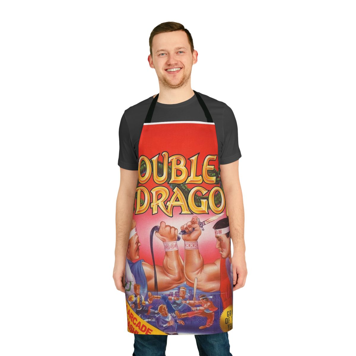 Retro gaming-themed apron with a classic double dragon design