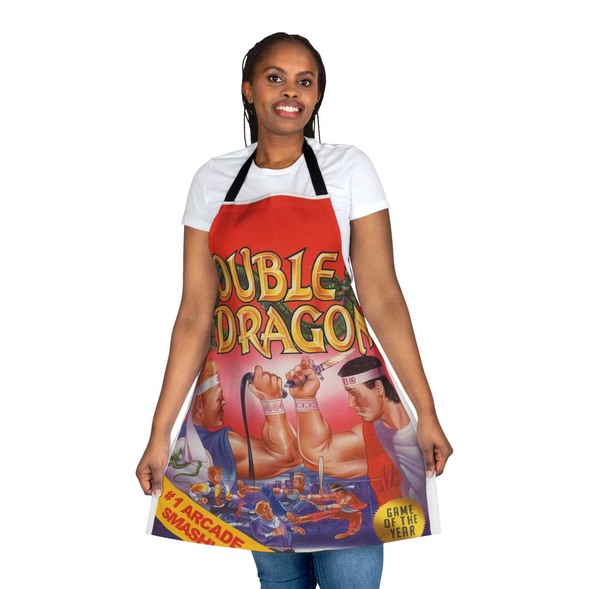 Retro gaming-themed apron with a classic double dragon design