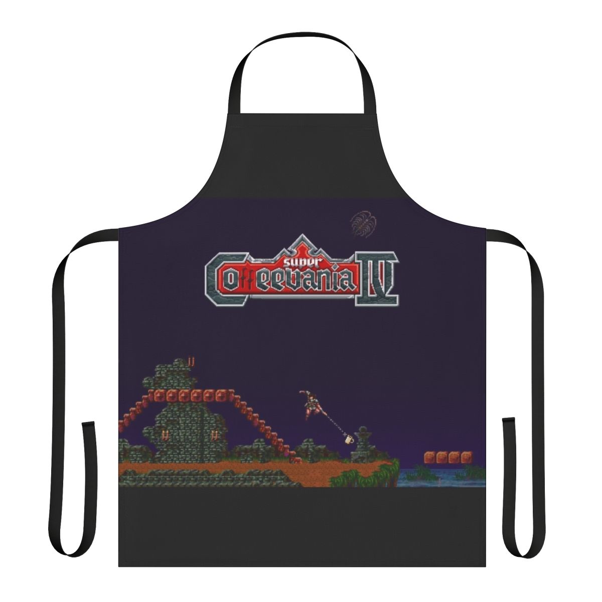 A pixel art apron featuring characters and motifs inspired by the classic Castlevania video game series.