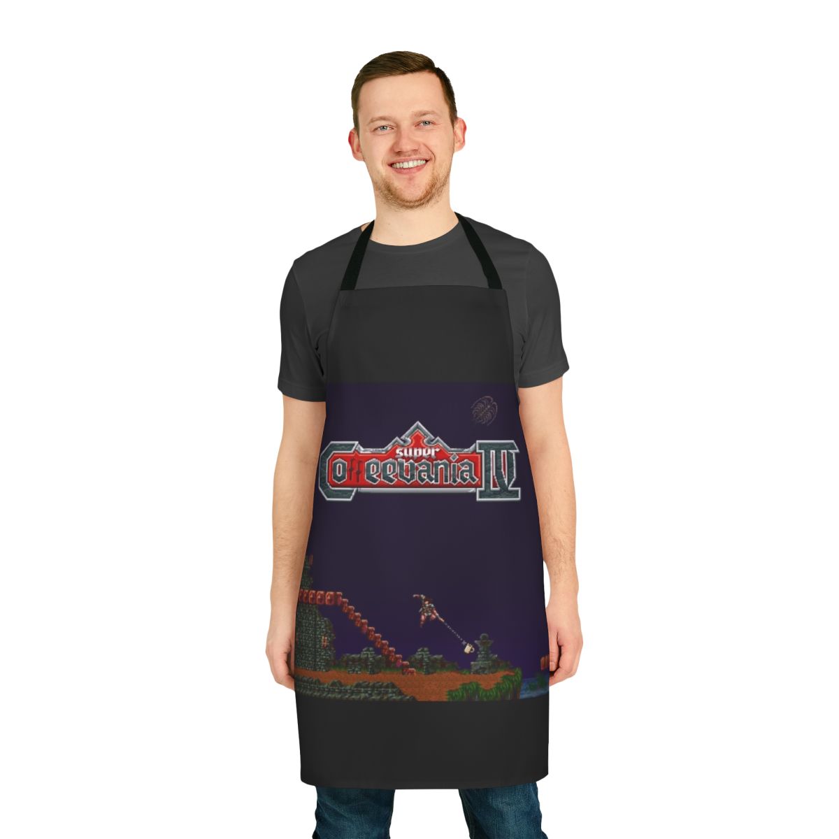 A pixel art apron featuring characters and motifs inspired by the classic Castlevania video game series.
