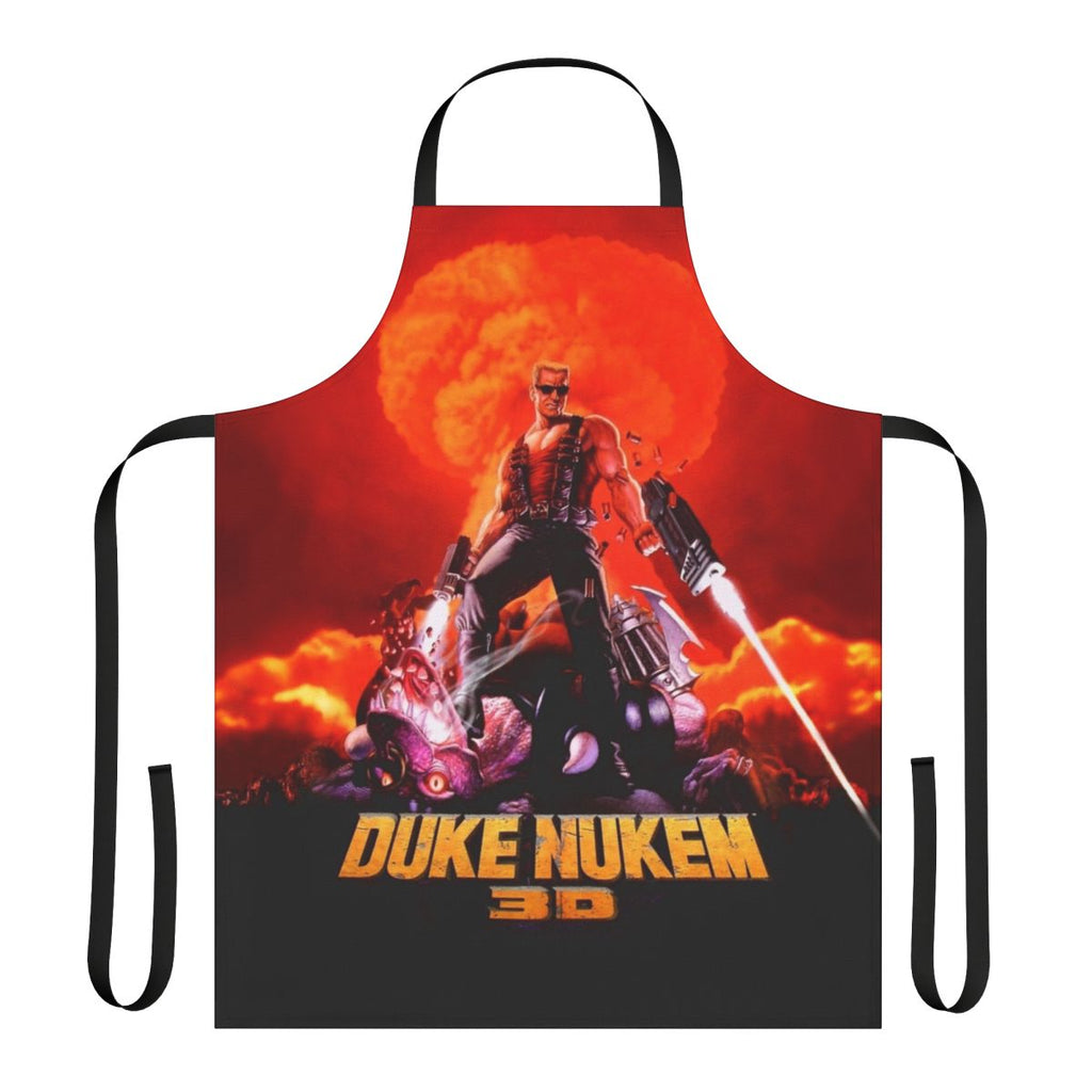 Retro-style apron featuring bold, high-contrast artwork inspired by the classic Duke Nukem 3D first-person shooter game.