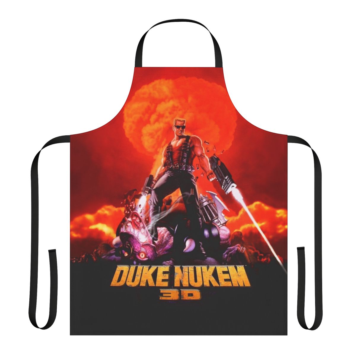 Retro-style apron featuring bold, high-contrast artwork inspired by the classic Duke Nukem 3D first-person shooter game.