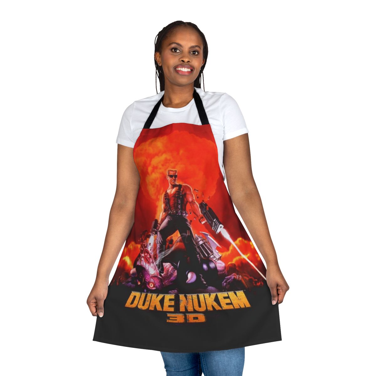 Retro-style apron featuring bold, high-contrast artwork inspired by the classic Duke Nukem 3D first-person shooter game.