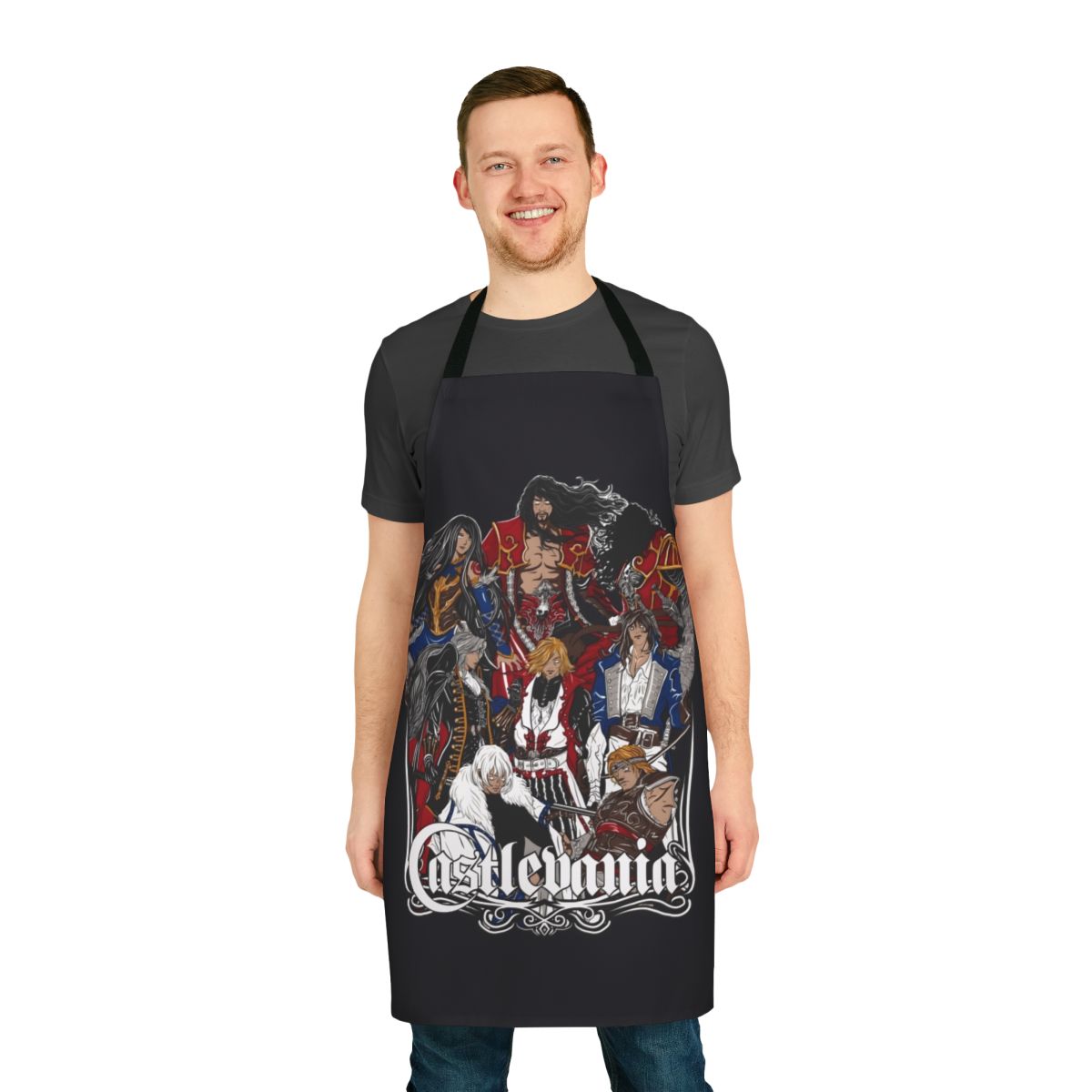 Castlevania-inspired apron featuring a retro gaming design