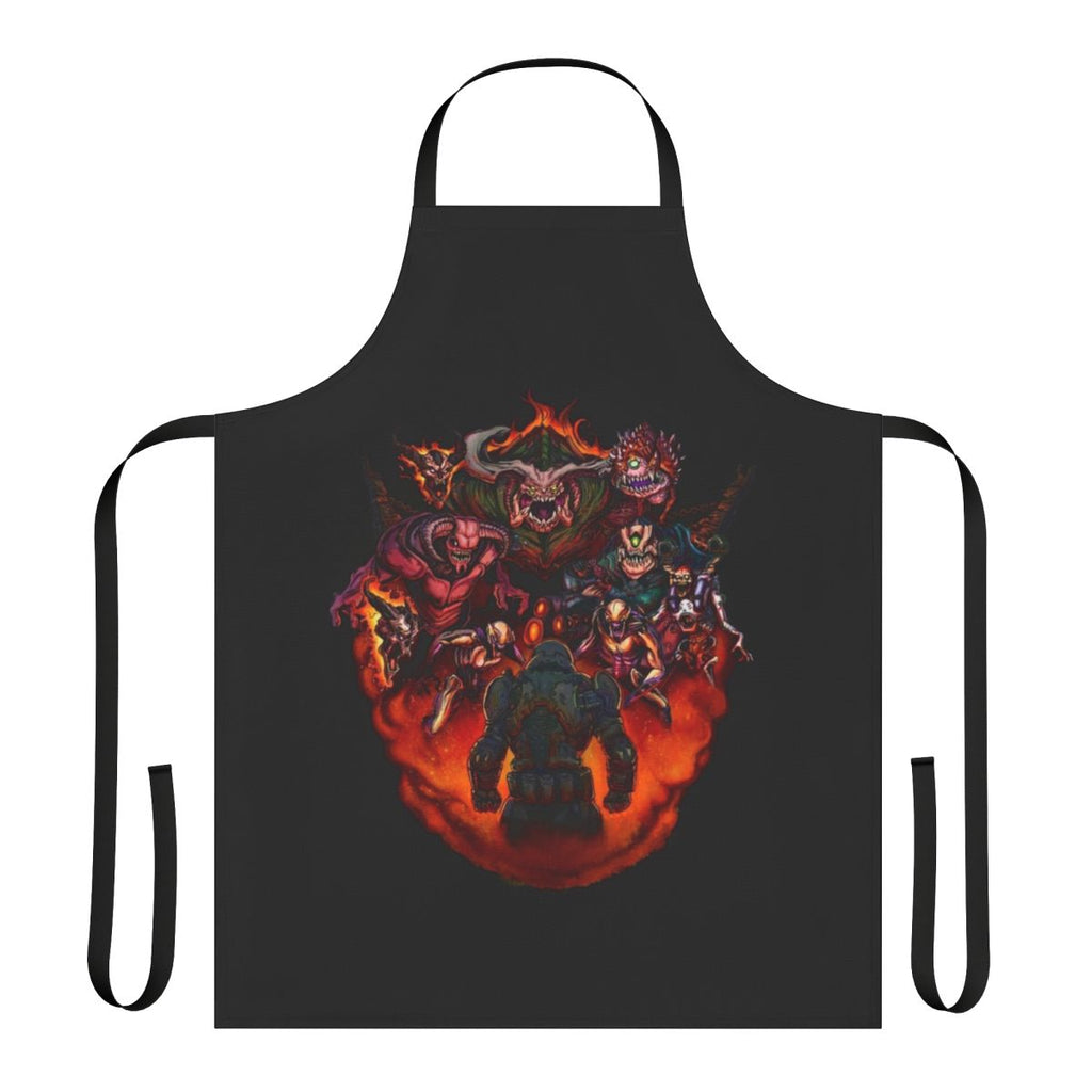 Retro style apron featuring characters and imagery from the classic Doom video game series