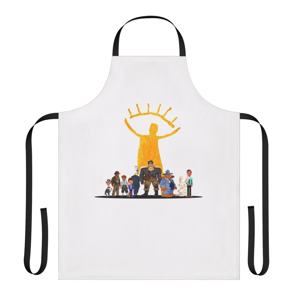 Retro gaming gamer apron featuring iconic characters and logos from classic point-and-click adventure games