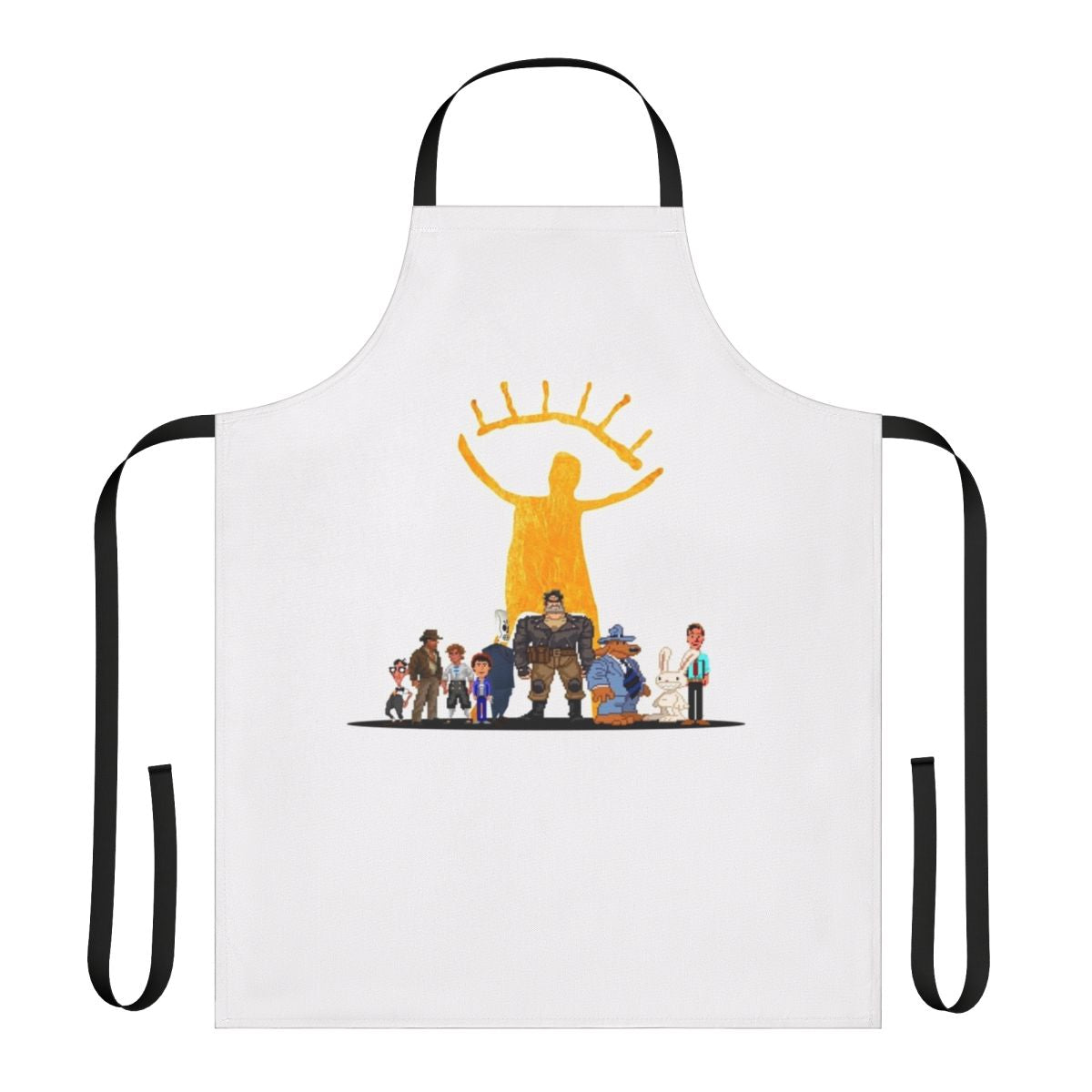 Retro gaming gamer apron featuring iconic characters and logos from classic point-and-click adventure games