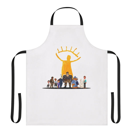 Retro gaming gamer apron featuring iconic characters and logos from classic point-and-click adventure games