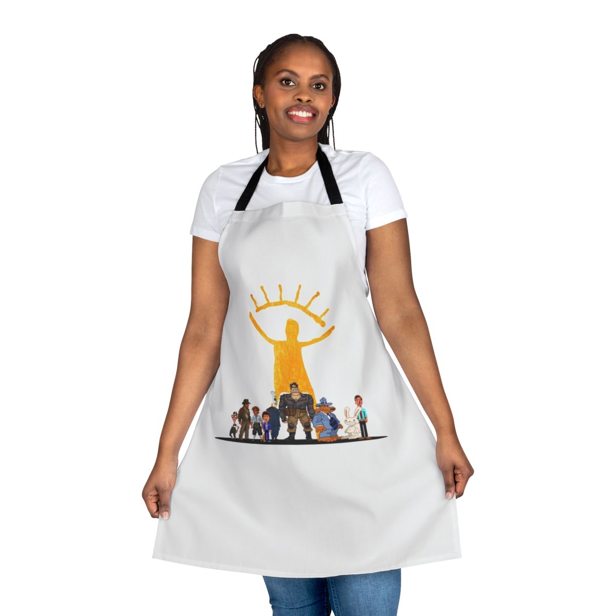Retro gaming gamer apron featuring iconic characters and logos from classic point-and-click adventure games