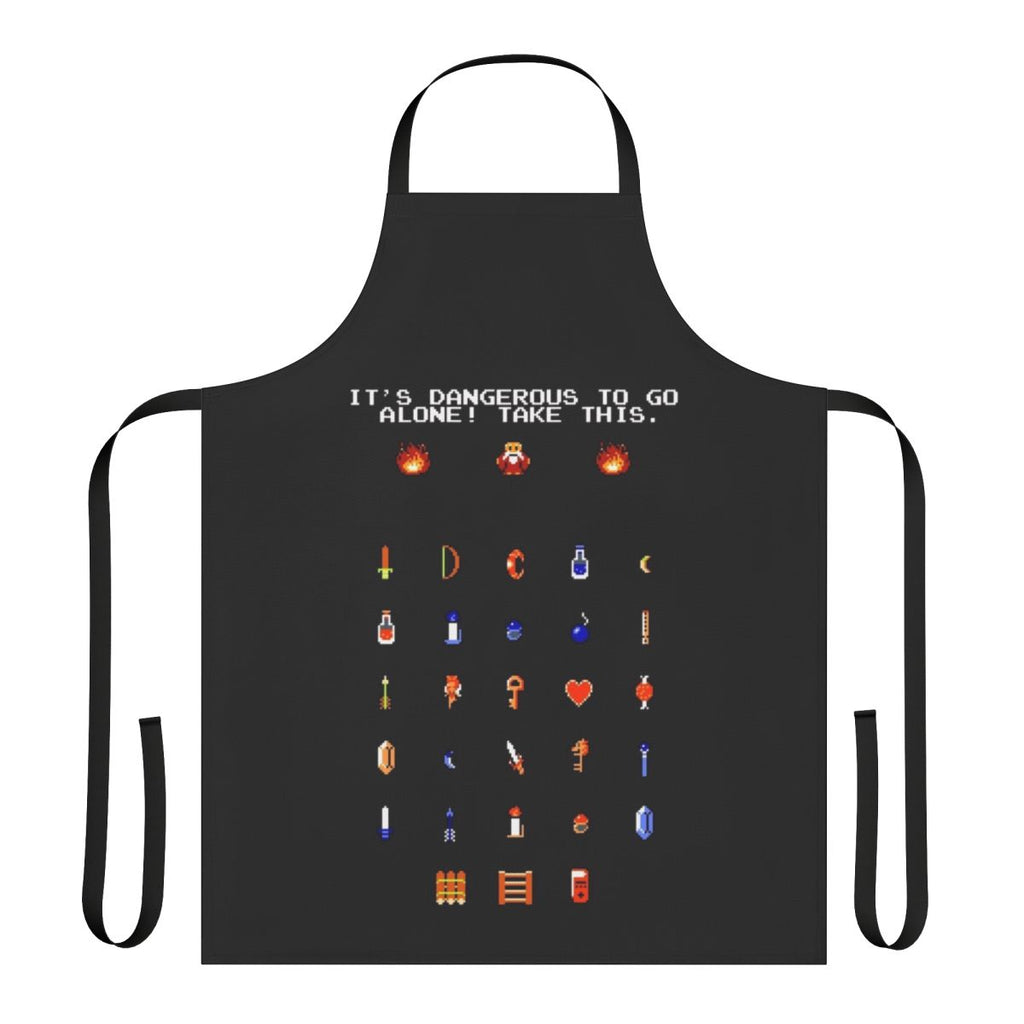 Pixel art apron design featuring characters and elements from the classic Legend of Zelda video game series