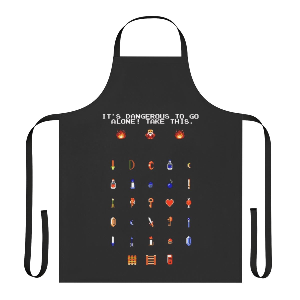 Pixel art apron design featuring characters and elements from the classic Legend of Zelda video game series