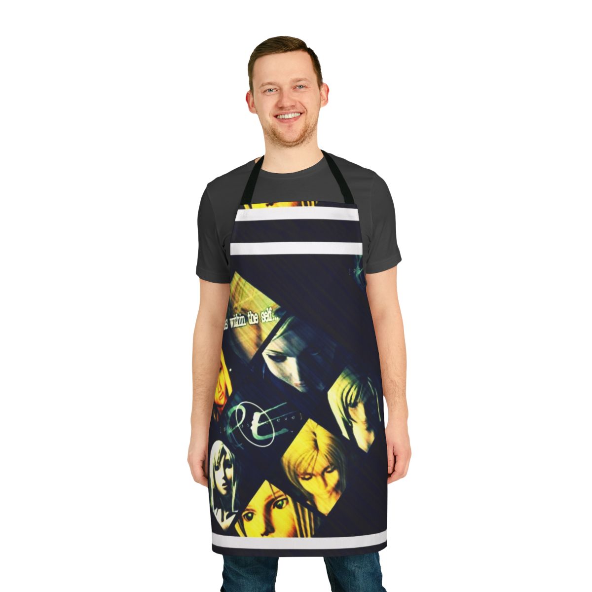 Retro-style apron with Japanese pop culture and gaming motifs