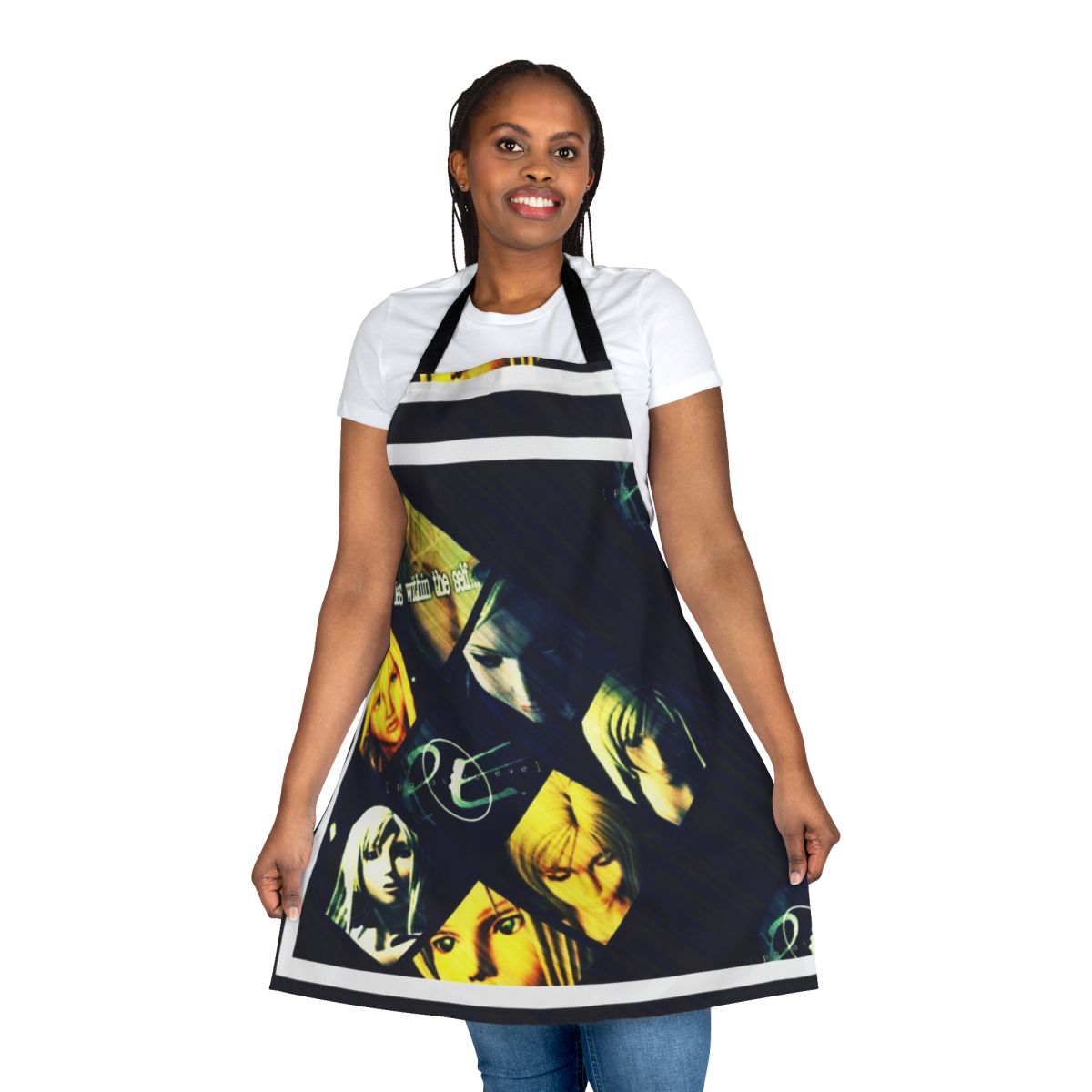 Retro-style apron with Japanese pop culture and gaming motifs