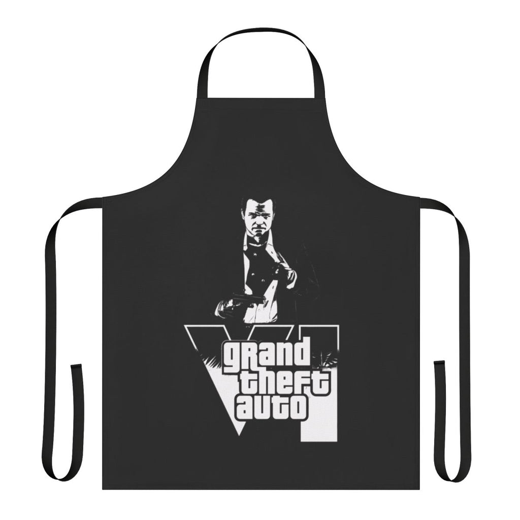 A vibrant apron featuring classic Grand Theft Auto-inspired artwork, perfect for gaming enthusiasts.