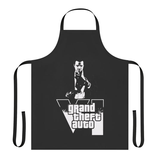 A vibrant apron featuring classic Grand Theft Auto-inspired artwork, perfect for gaming enthusiasts.