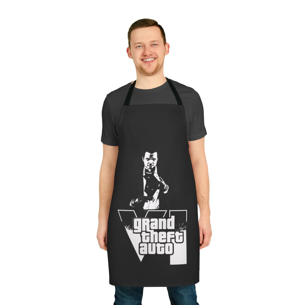 A vibrant apron featuring classic Grand Theft Auto-inspired artwork, perfect for gaming enthusiasts.