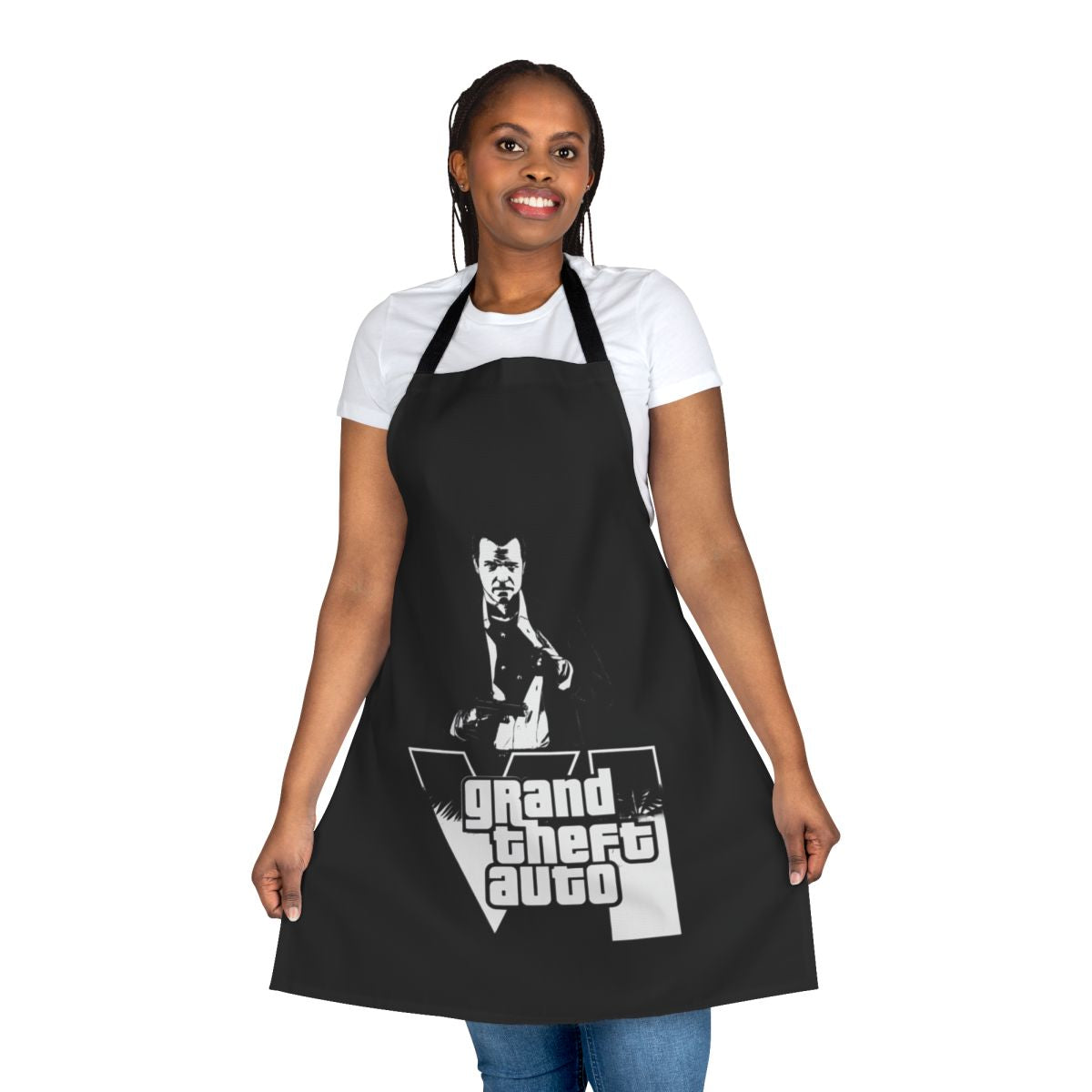 A vibrant apron featuring classic Grand Theft Auto-inspired artwork, perfect for gaming enthusiasts.