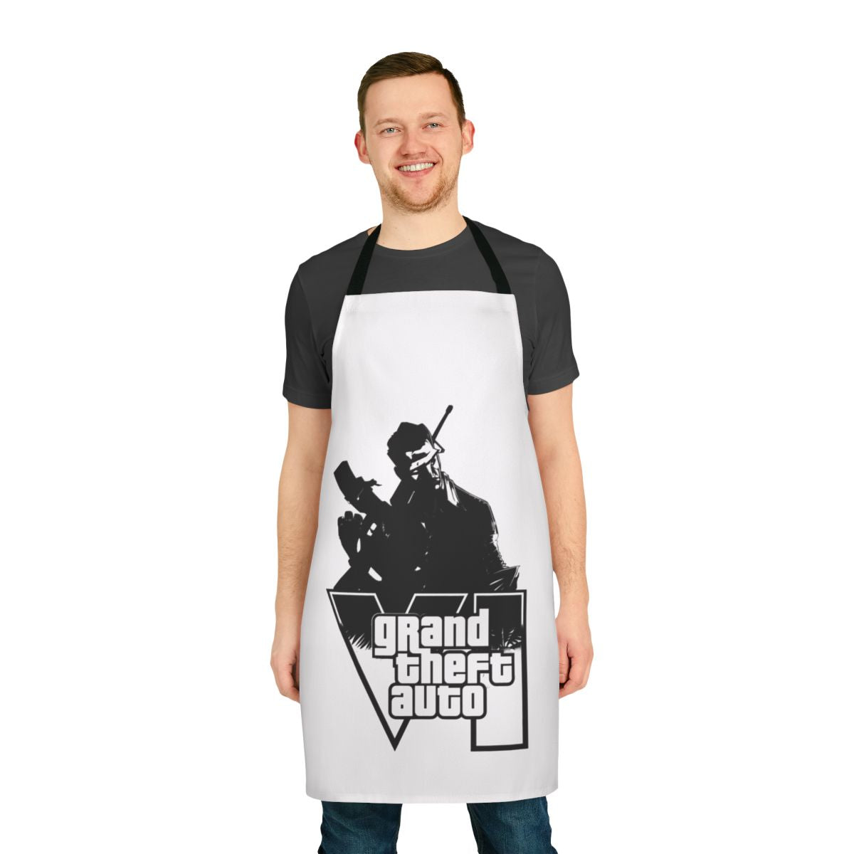 Retro gaming-themed apron with Grand Theft Auto inspired design