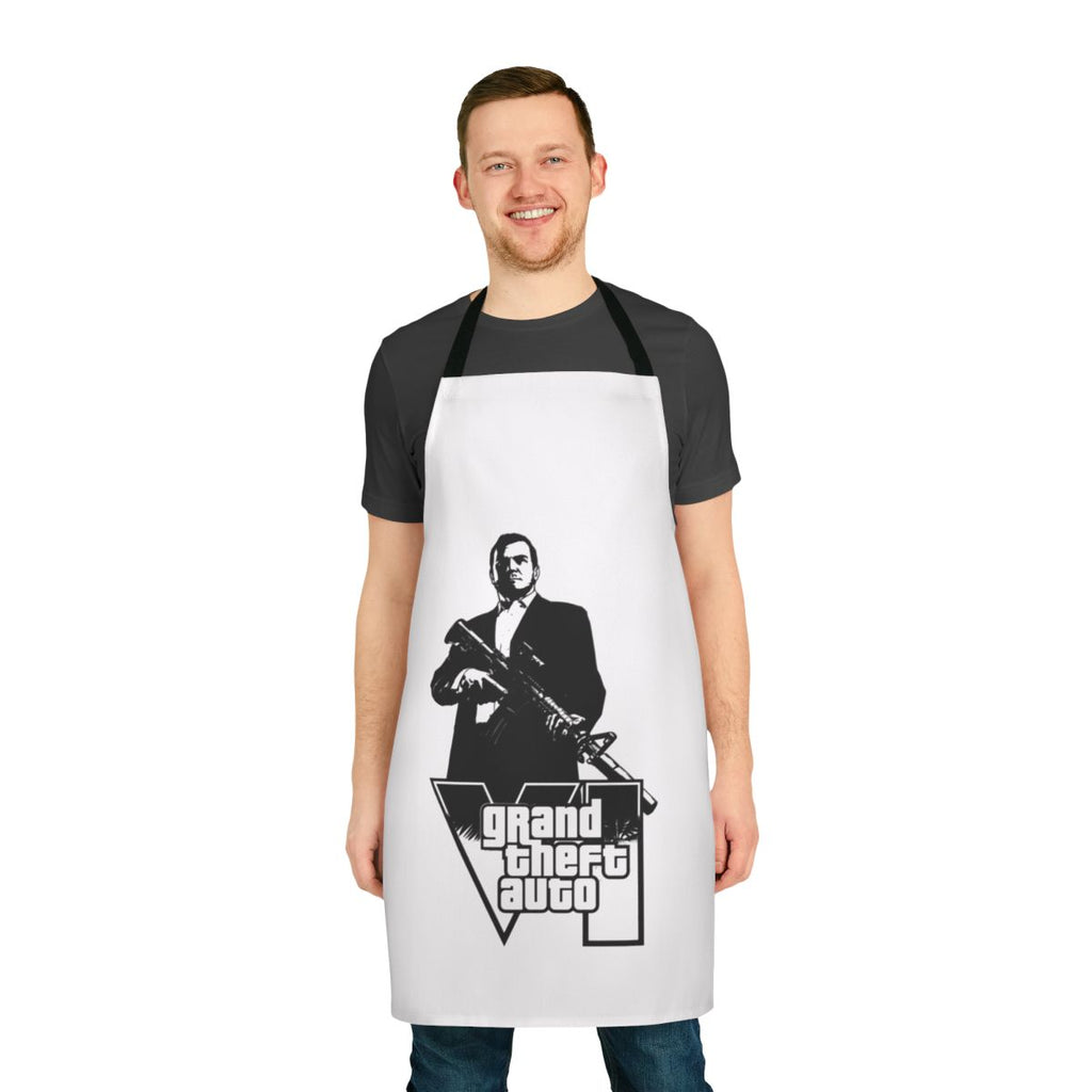 Retro gaming-inspired apron with classic GTA-style graphics and design