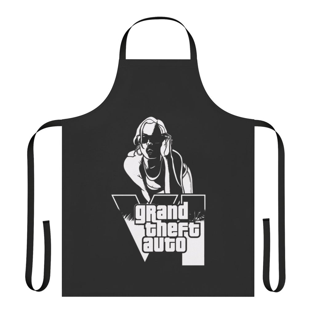 Retro gaming inspired apron featuring Grand Theft Auto-style artwork and design