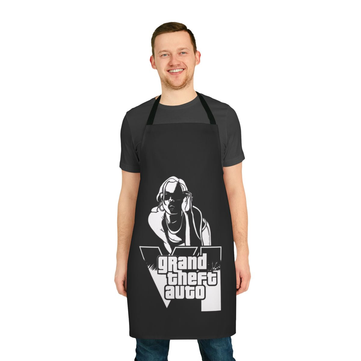 Retro gaming inspired apron featuring Grand Theft Auto-style artwork and design