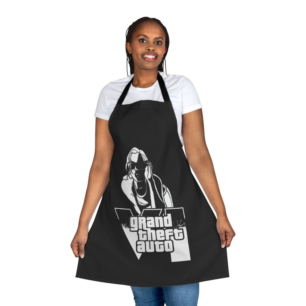 Retro gaming inspired apron featuring Grand Theft Auto-style artwork and design
