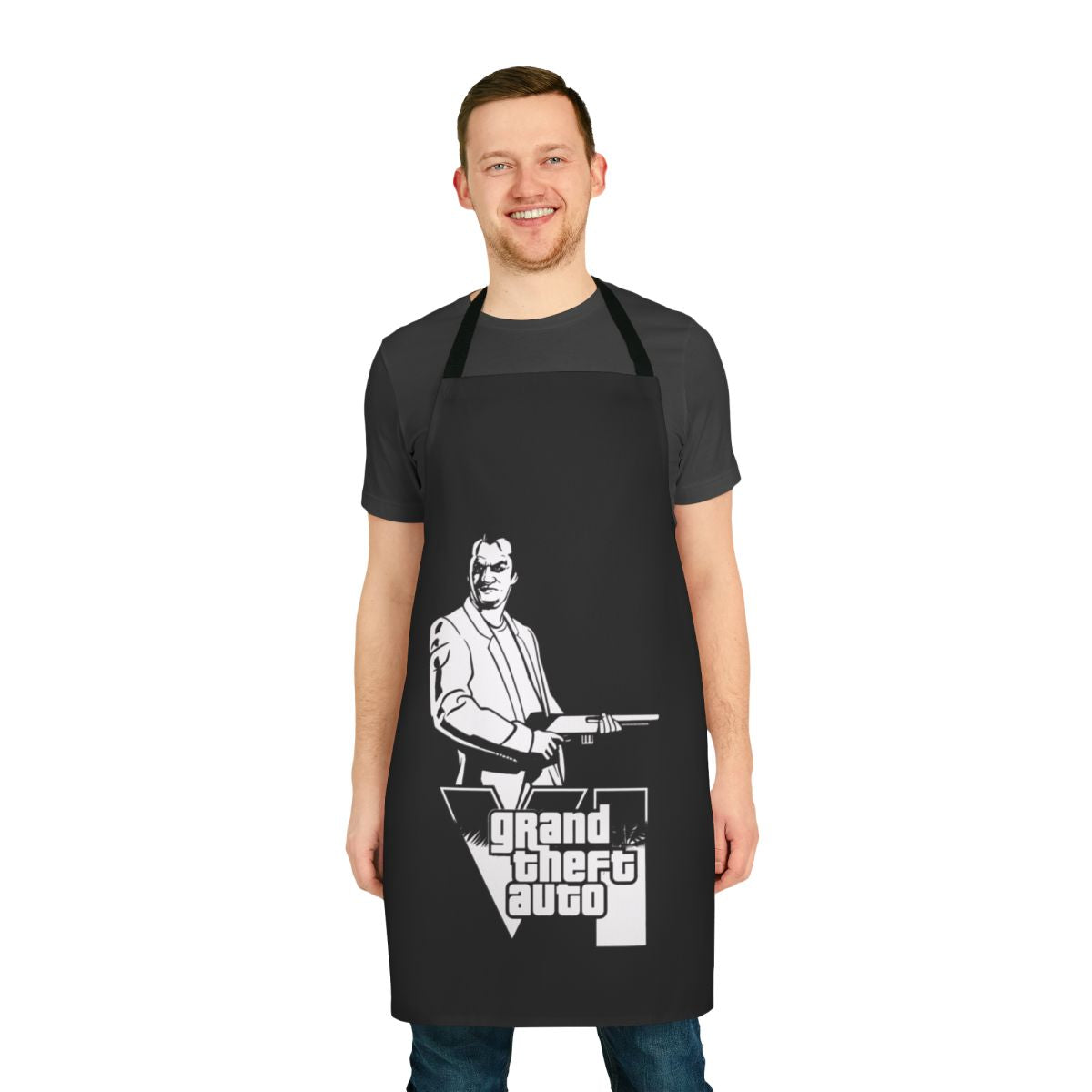 Retro gaming inspired apron with Grand Theft Auto video game design