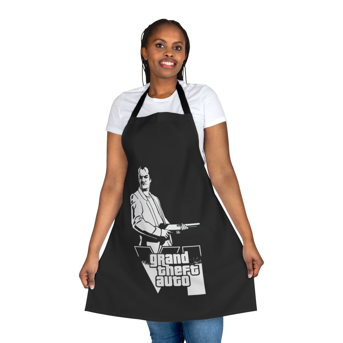 Retro gaming inspired apron with Grand Theft Auto video game design