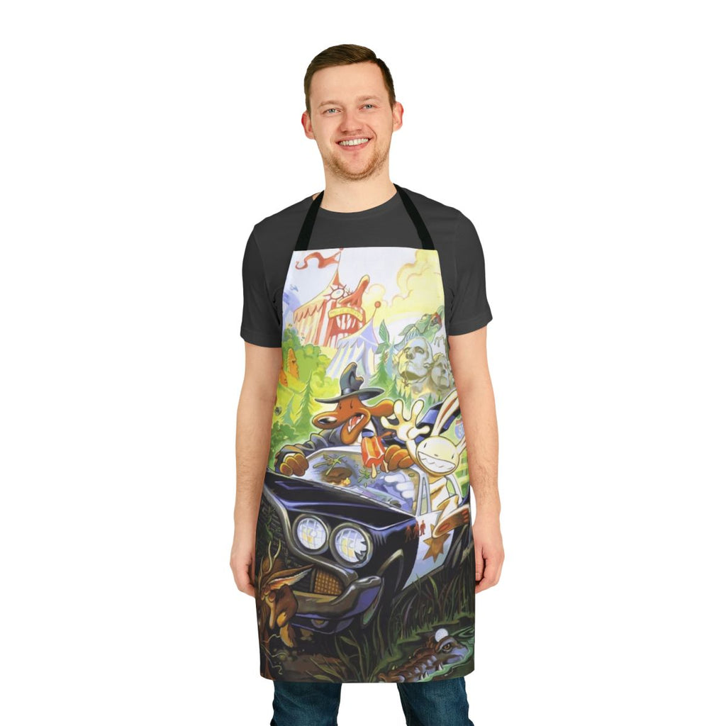 A stylish and durable apron featuring a retro gaming-inspired design, perfect for the adventurous cook or fan of point-and-click adventures.