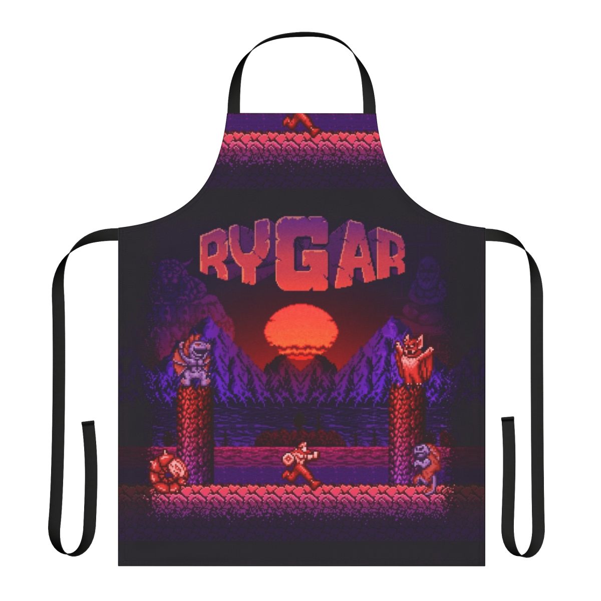 Retro gaming inspired apron with 8-bit pixel art design featuring a heroic warrior character