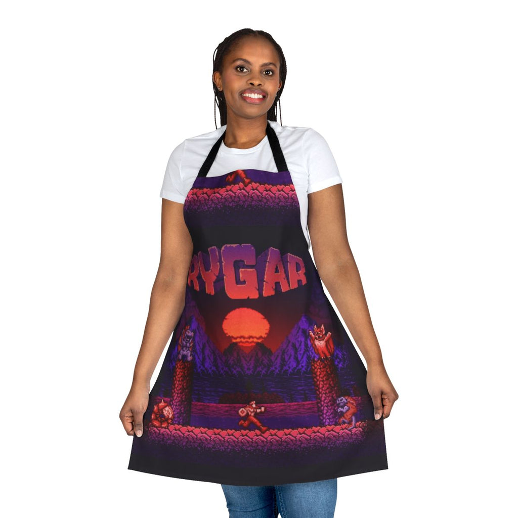 Retro gaming inspired apron with 8-bit pixel art design featuring a heroic warrior character