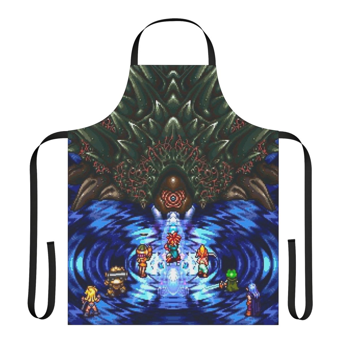 Chrono Trigger inspired apron with pixelated Lavos battle scene