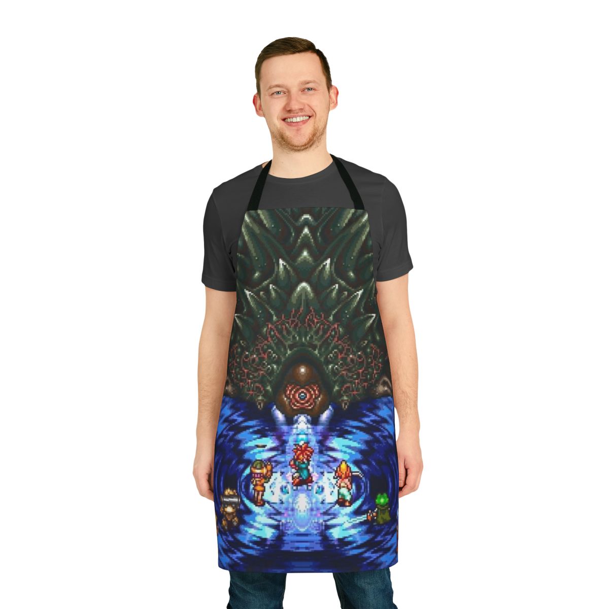 Chrono Trigger inspired apron with pixelated Lavos battle scene