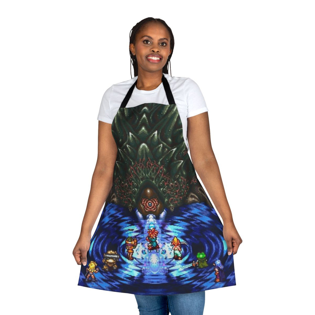 Chrono Trigger inspired apron with pixelated Lavos battle scene