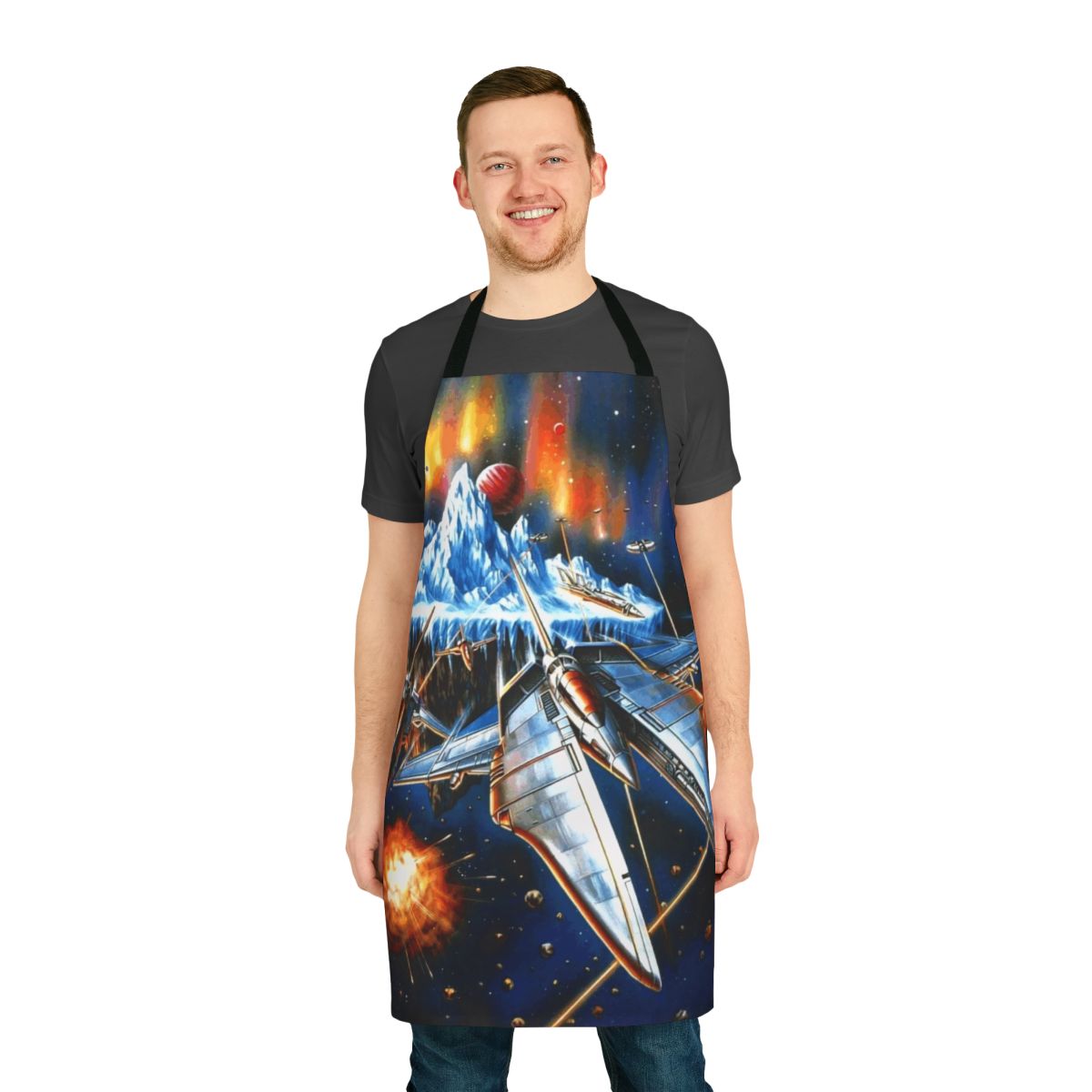 Retro gaming inspired apron with a scrolling shooter design, featuring a stylized cover art style