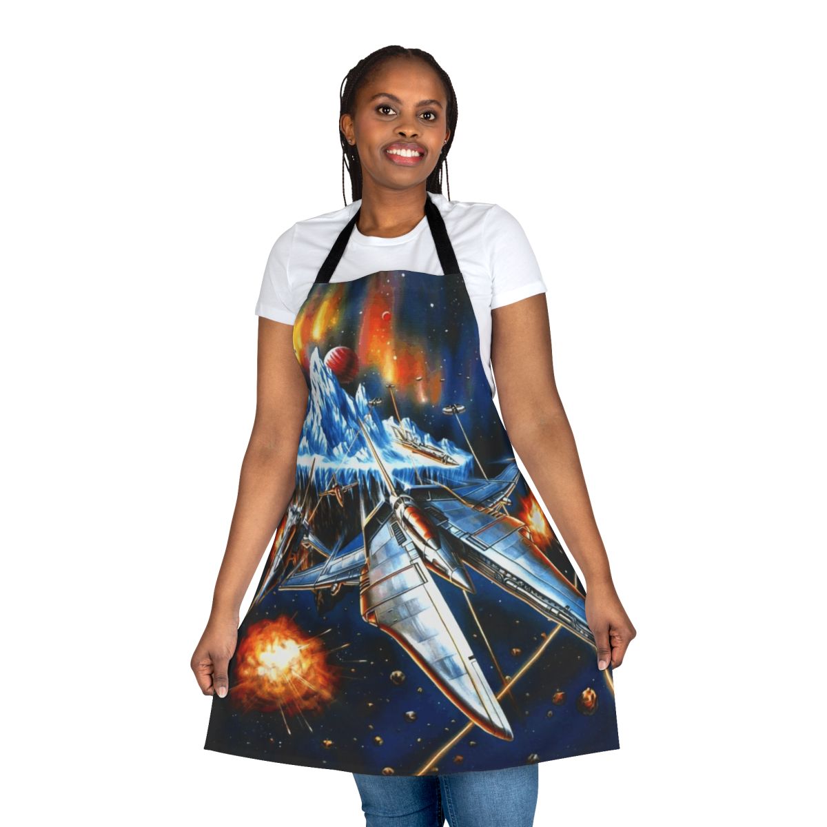 Retro gaming inspired apron with a scrolling shooter design, featuring a stylized cover art style