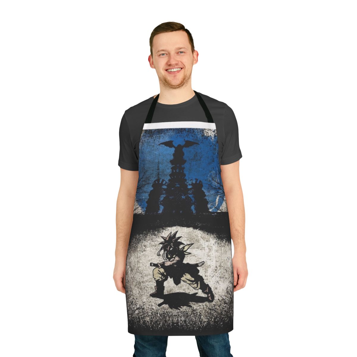 Minimalist Chrono Trigger art featuring the silent protagonist on a high-quality apron for gamers and anime fans.