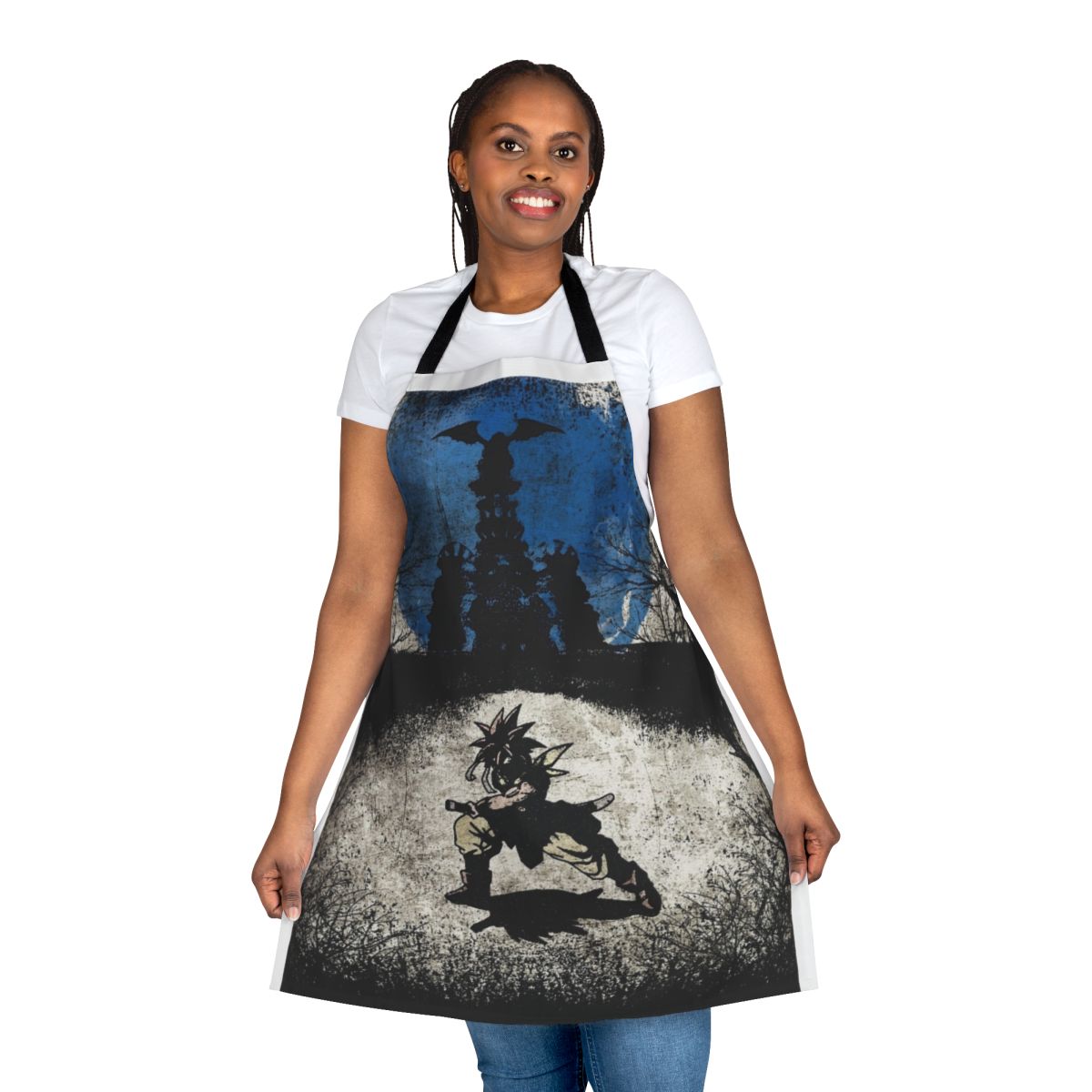 Minimalist Chrono Trigger art featuring the silent protagonist on a high-quality apron for gamers and anime fans.