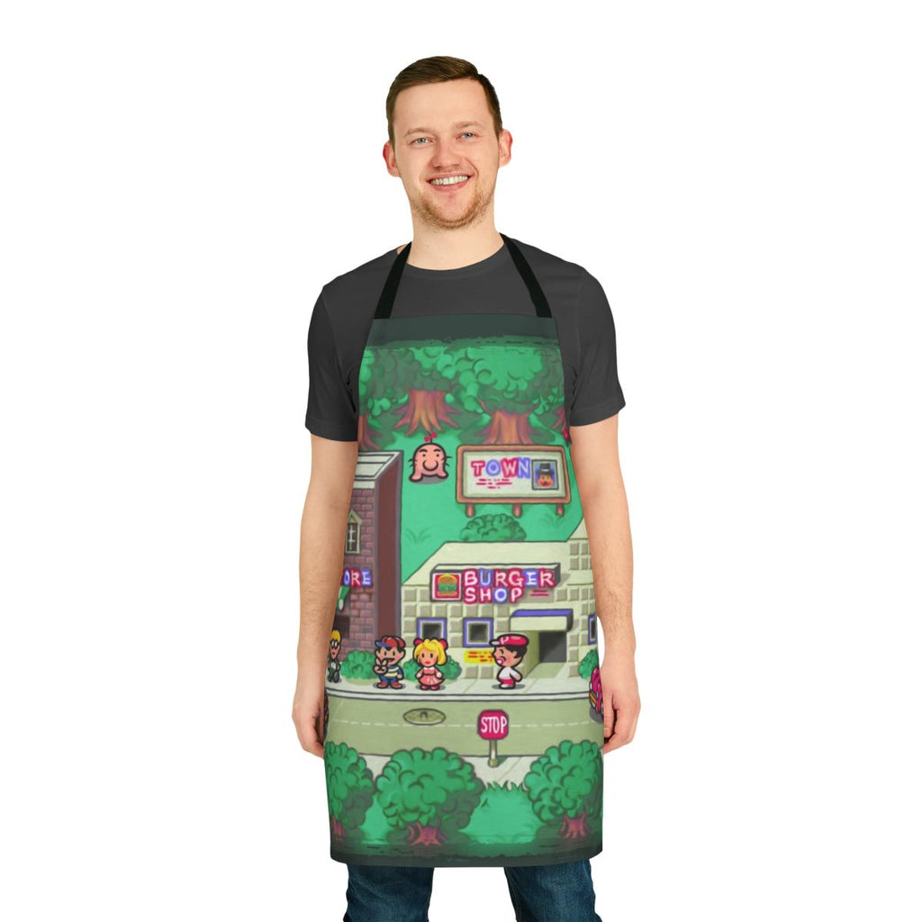 Retro gaming inspired apron featuring characters and elements from the classic SNES game Earthbound.