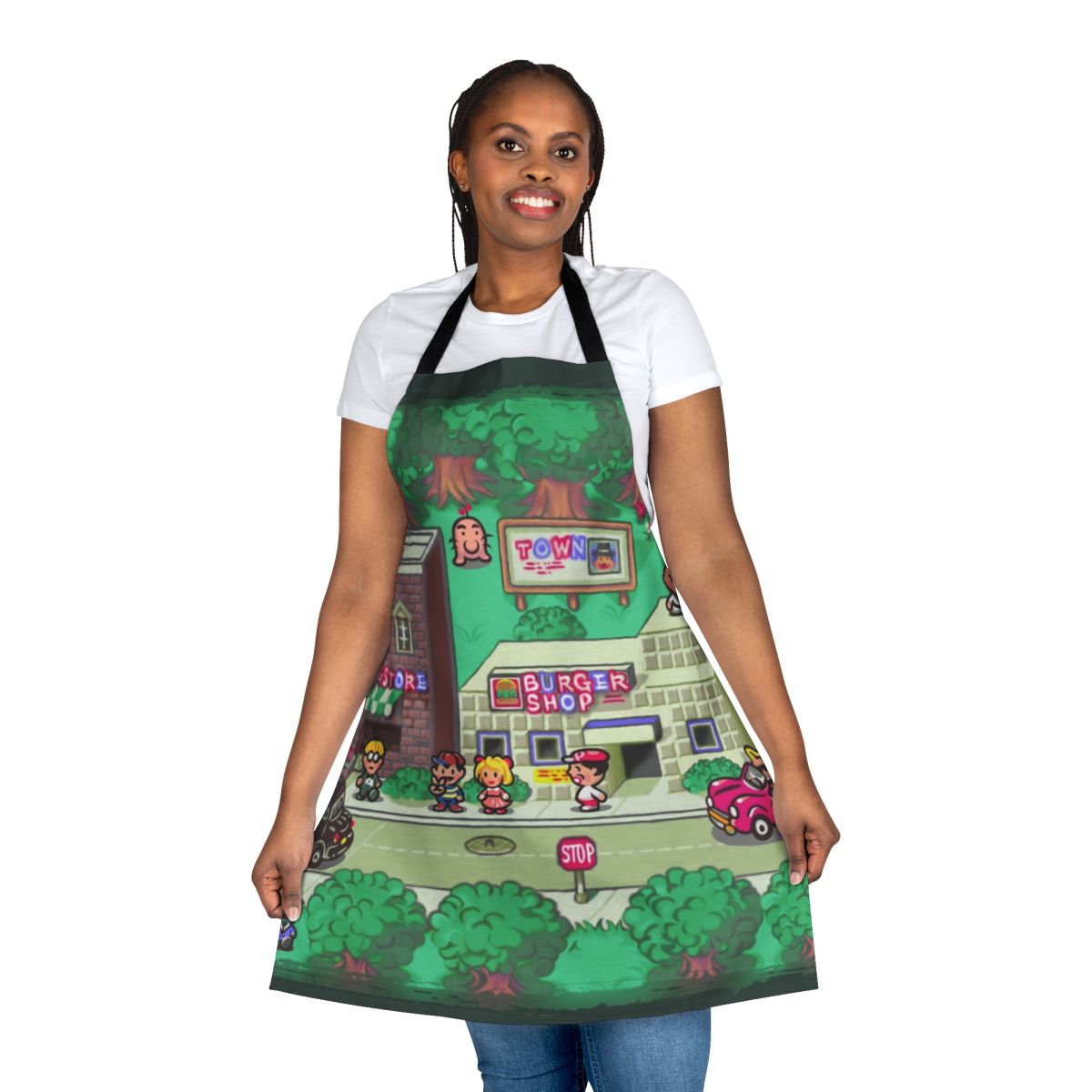Retro gaming inspired apron featuring characters and elements from the classic SNES game Earthbound.