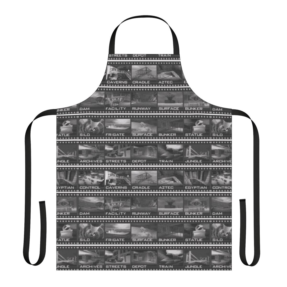 Retro gaming-themed kitchen apron with classic video game characters and references